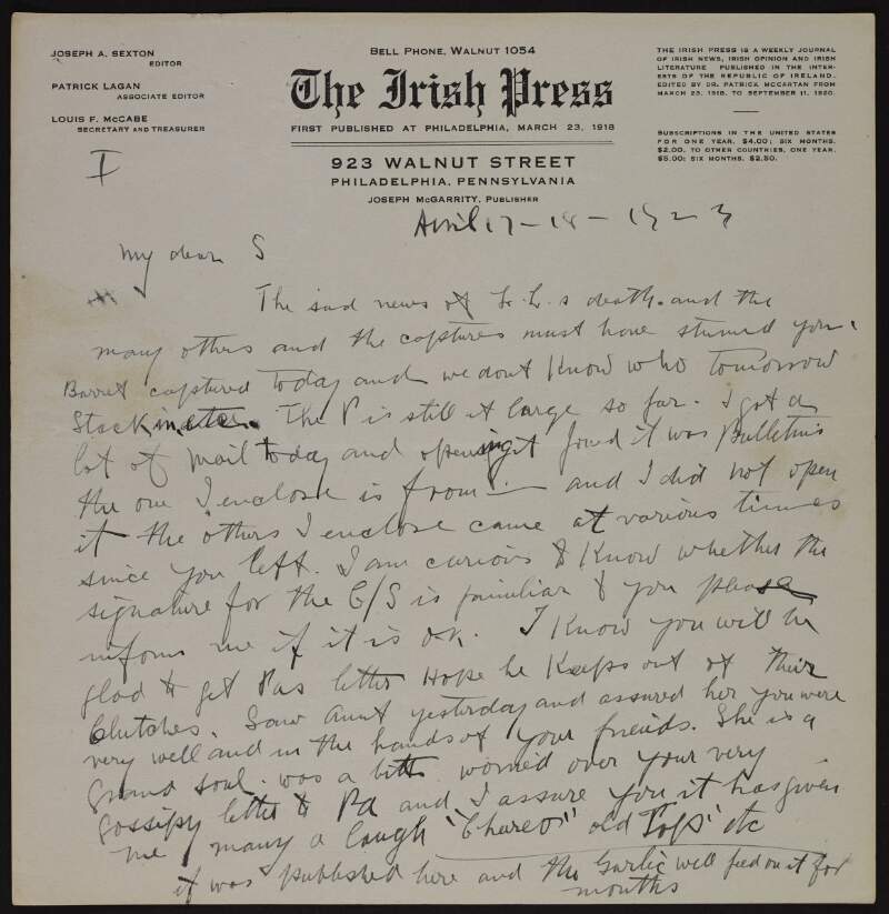 Letter from Joseph McGarrity to "S" regarding the death of Laurence Ginnell, the arrest of Austin Stack, and that proposed actions will have to be postponed,