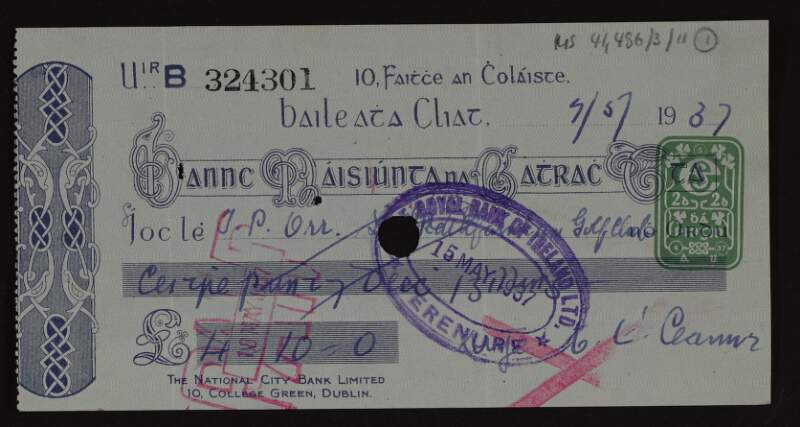 Cheques paid from Áine Ceannt's personal account with the National City Bank,