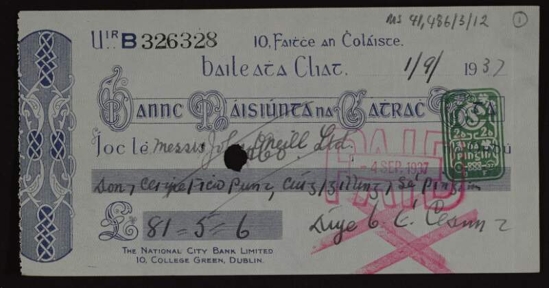 Cheques paid from Áine Ceannt's personal account with the National City Bank,