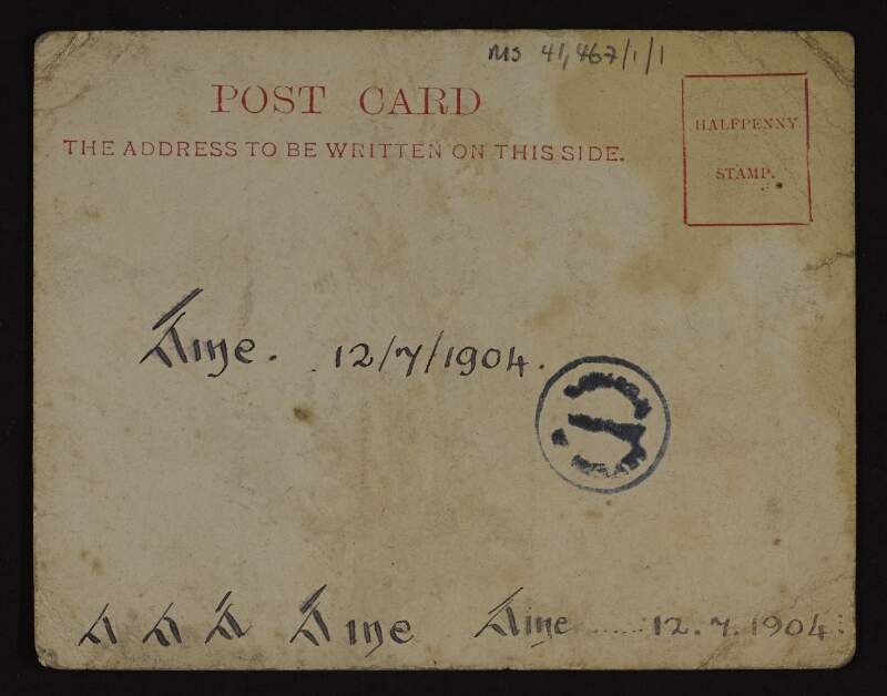 Postcard from E. T. Kent [Éamonn Ceannt] addressed to Áine with faded text related to small Celtic patterns and manuscript notes on verso,