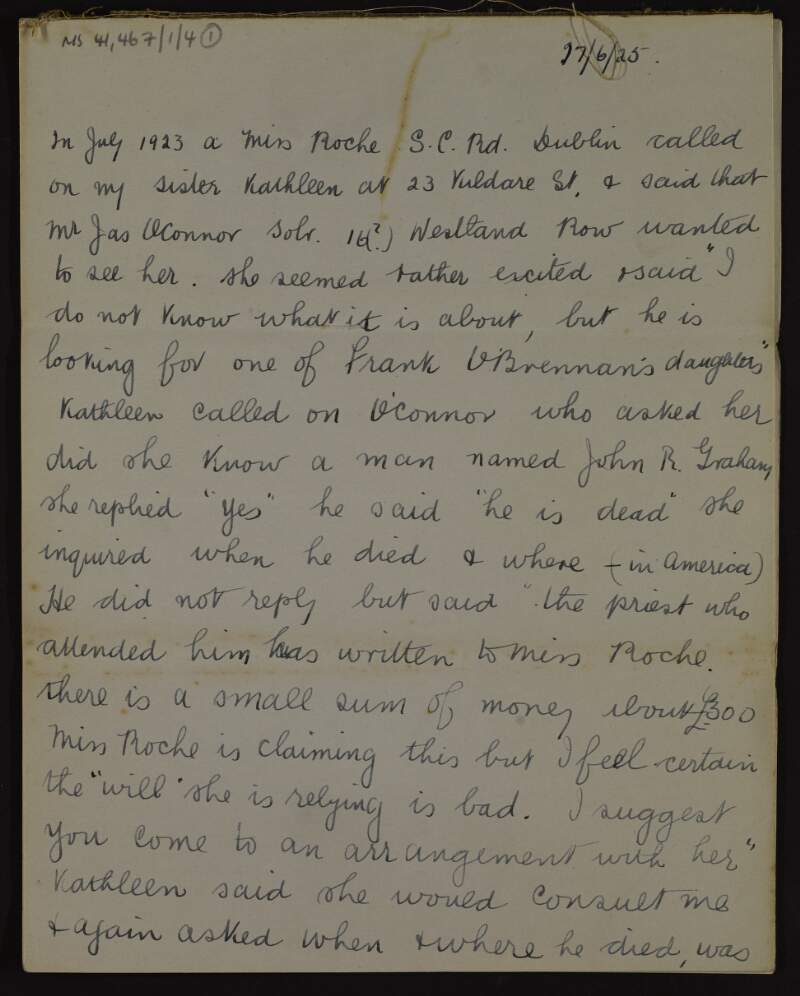 Account by Áine Ceannt of occurances between 1923 and 1925 related to an inheritance claim,