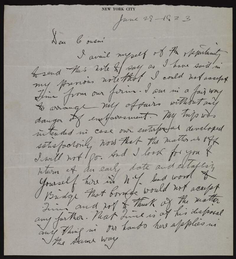 Letter from Joseph McGarrity to John T. Ryan cancelling a planned trip with reference to activities of "Peters", "Cormac", "Lee", and "Samuel" ,