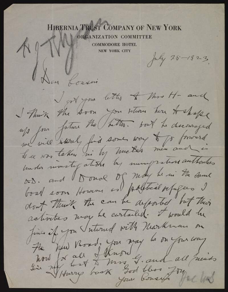 Letter from Joseph McGarrity to John T. Ryan regarding Ryan's future and political prisoners,