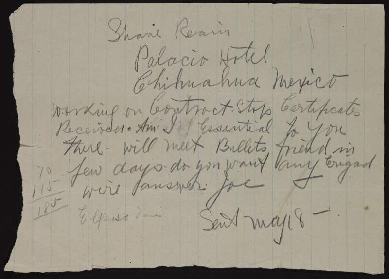Draft copy of correspondence between Joseph McGarrity and John T. Ryan as 'Shane Reain' regarding certificates and arranging to meet "Bullet's friend",