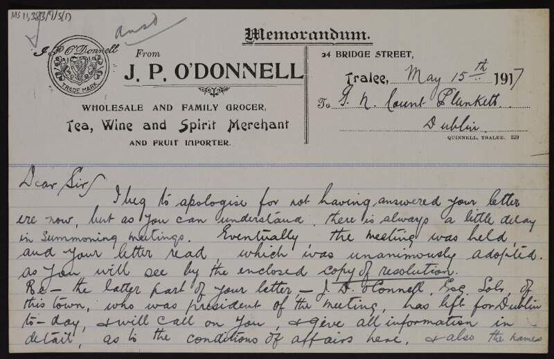 Letter from John P. O'Donnell to George Noble Plunkett, Count Plunkett, regarding a meeting to discuss Liberty Clubs,