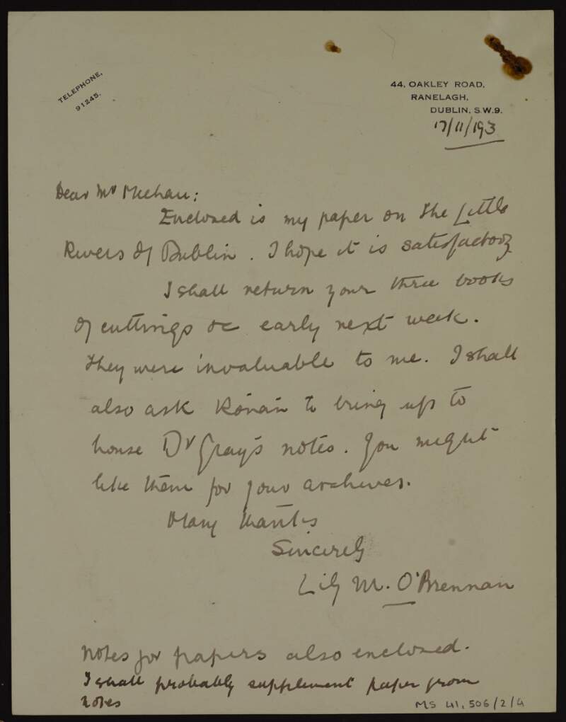 Letter from Lily O'Brennan to "Mr. Meehan" sending a draft of her lecture 'Little rivers of Dublin' and promising to return books,
