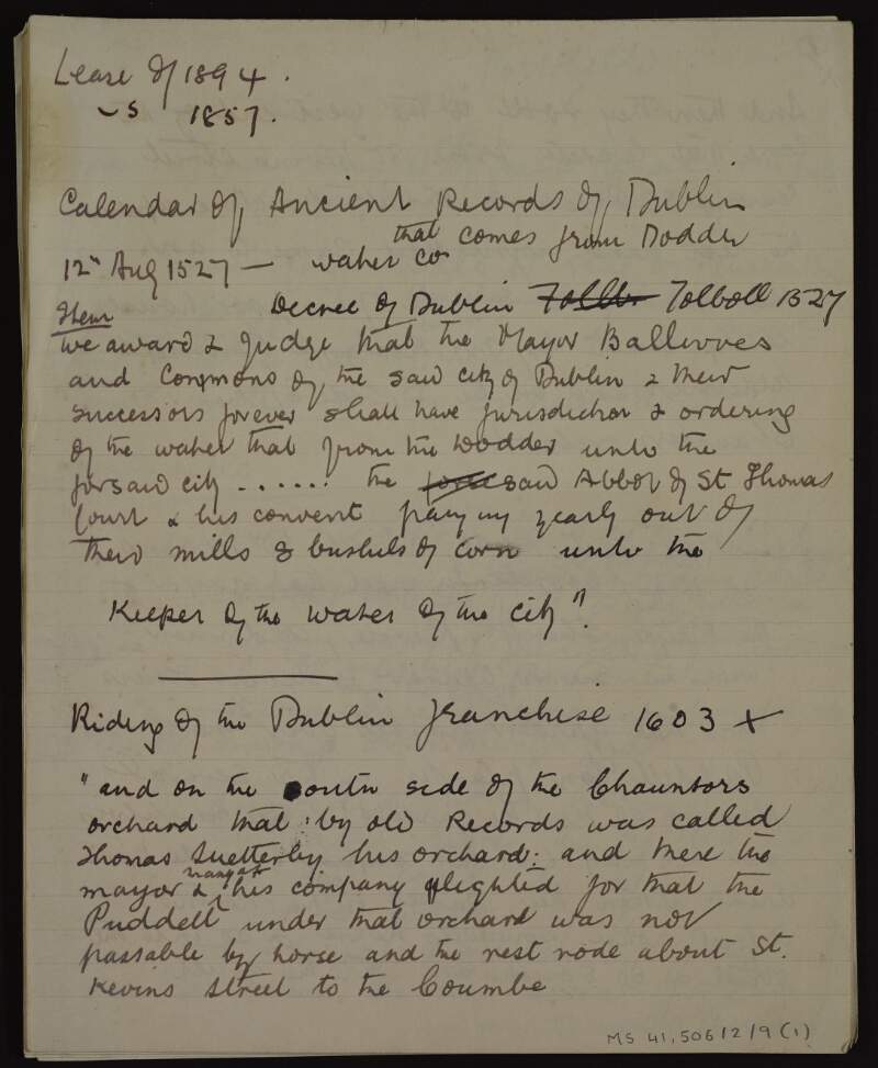 Manuscript notes on the rivers Dodder and Poddle and history of Dublin City, with excerpts from various historical records,