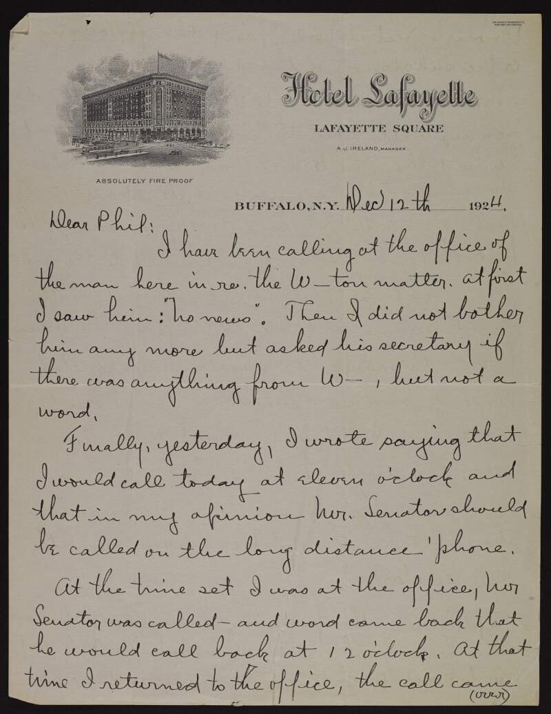 Letter from John T. Ryan to Joseph McGarrity discussing "Mr. Senator" and "Mr. A.G." and the "W- matter",