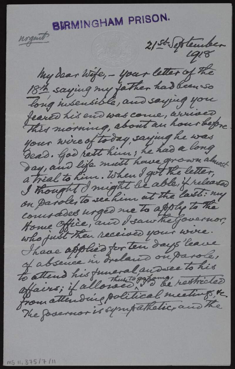 Letter to Mary Josephine Plunkett, Countess Plunkett, from George Noble Plunkett, Count Plunkett, regarding the death of his father and his application for parole to attend the funeral,