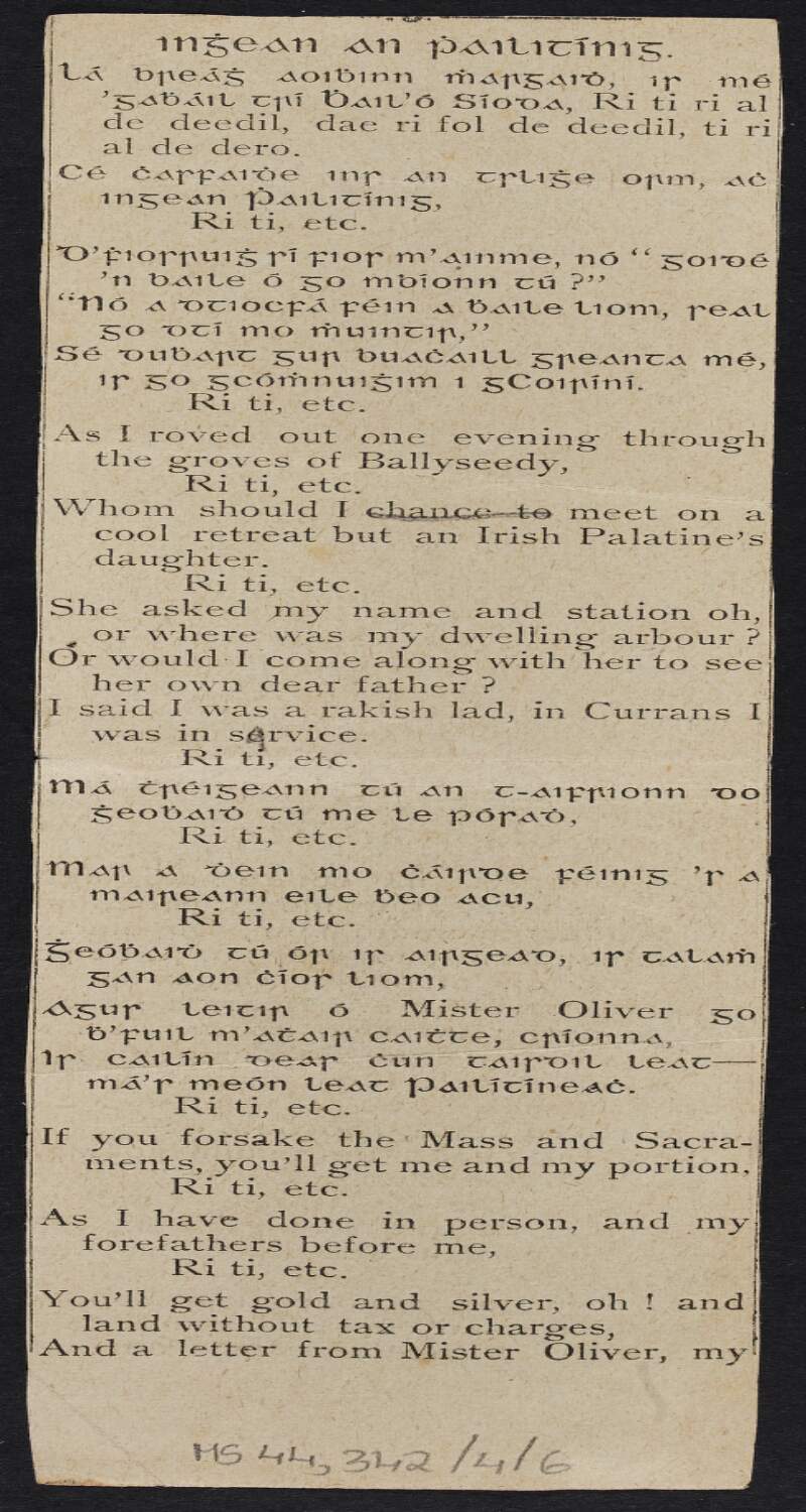 Newspaper cutting of a poem written in Irish and English entitled 'Inghean an Phailitínig' which translates as 'The Palatine's Daughter', by Fay Sargent,