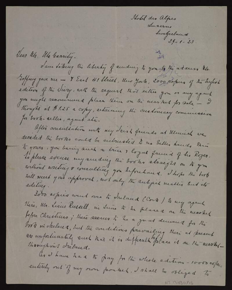 Letter from Charles Curry to Joseph McGarrity regarding the sale of the English edition of Roger Casement's diaries,