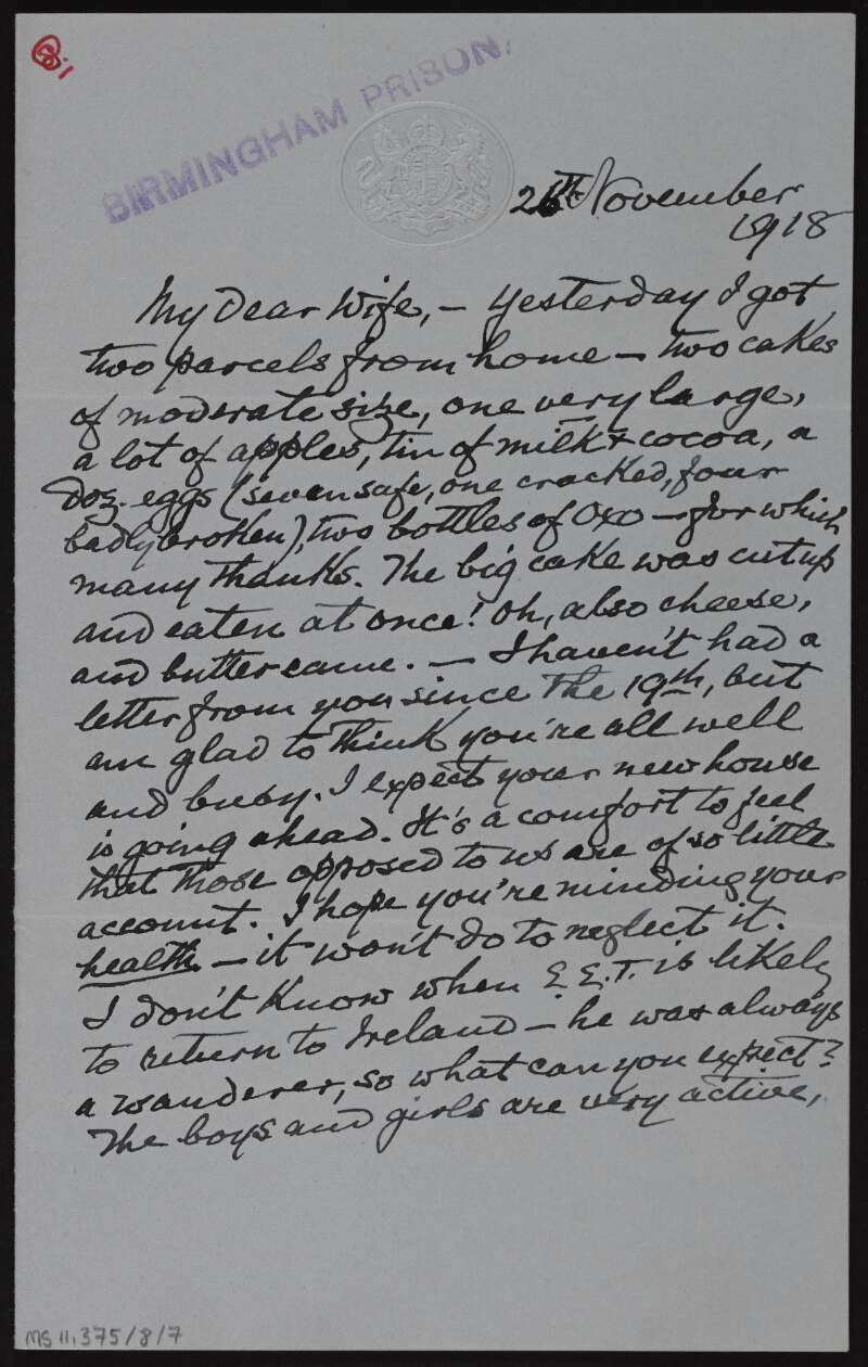 Two letters to Mary Josephine Plunkett, Countess Plunkett, from George Noble Plunkett, Count Plunkett, regarding the slow progress of his literary work in prison, the speculated opposition in North Roscommon,