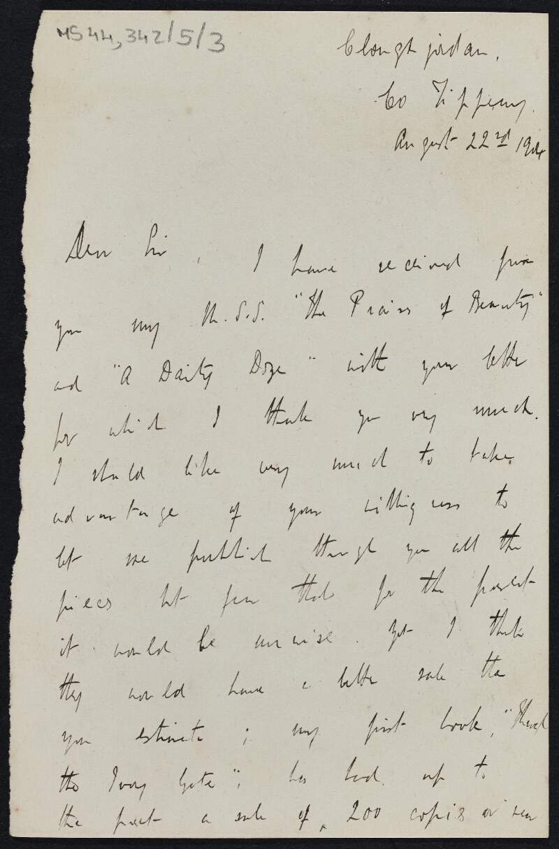 Partial letter from unknown author to Thomas MacDonagh regarding the author receiving Thomas' poems 'The [praises?] of Beauty' and 'The Daily Dozen',