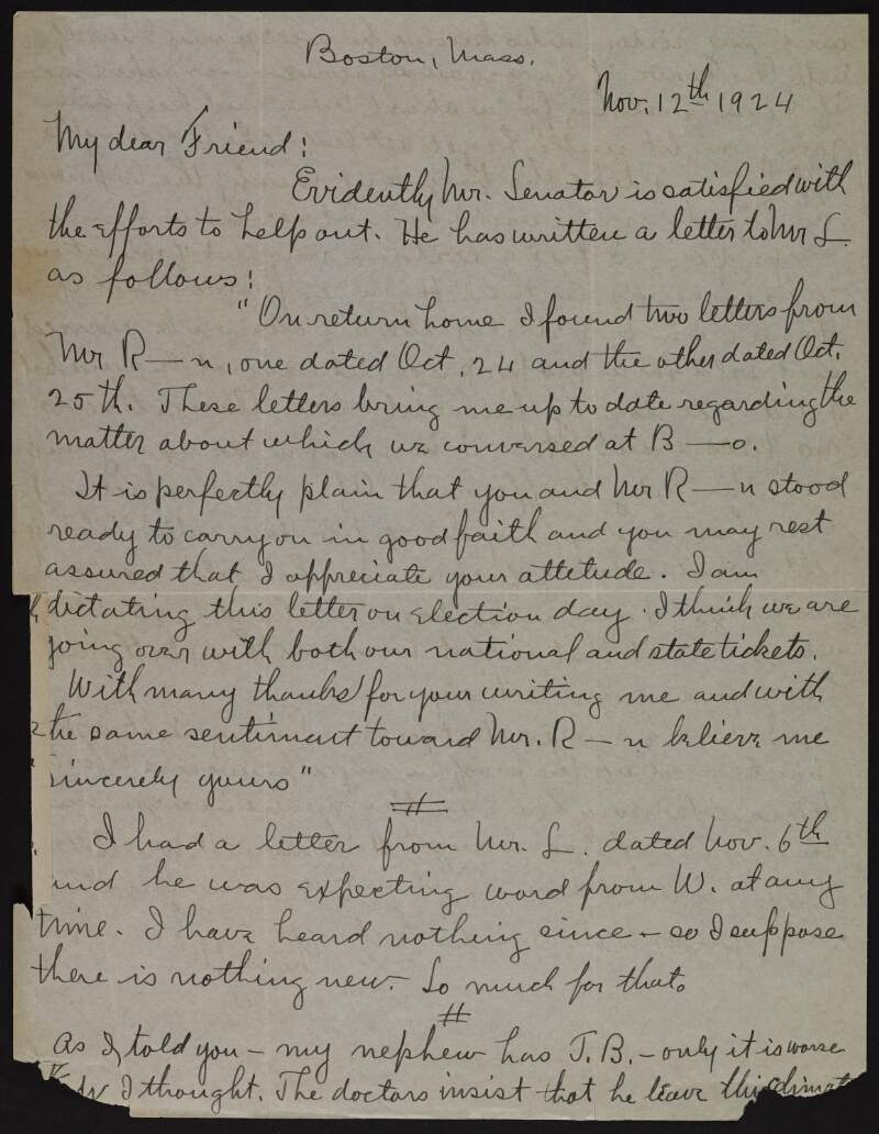 Letter from John T. Ryan to Joseph McGarrity regarding 'Mr. Senator', 'Mr. R-u', and 'Mr. L.',