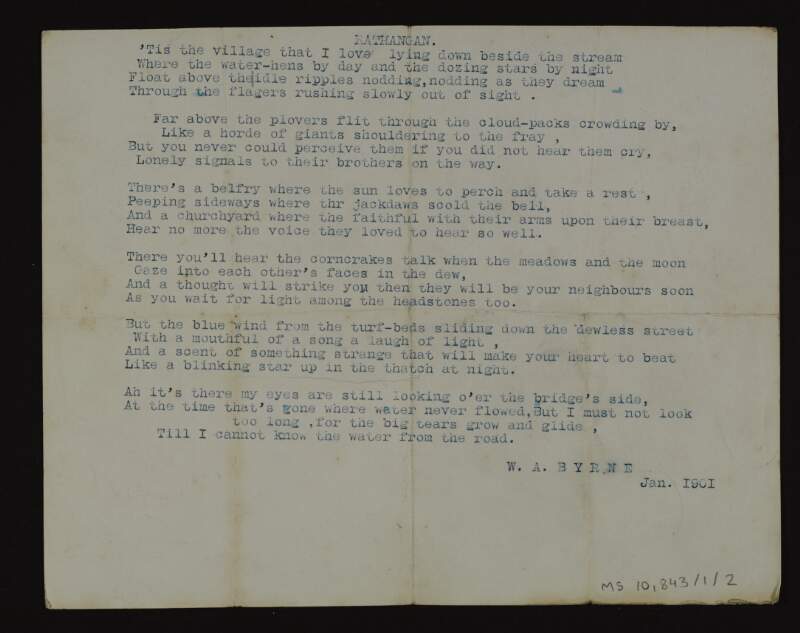 Typescript copy of the poem 'Rathangan' by W.A. Byrne,