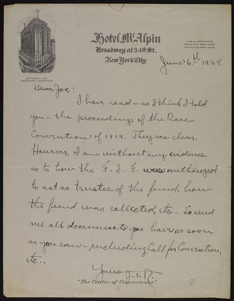Letter from John T. Ryan to Joseph McGarrity doubting the Friends of Irish Freedom's authority to act as trustee to a fund relating to the Irish Race Convention 1919,