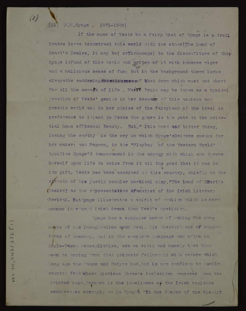 Annotated typescript draft of article analysing the dramatic works of J.M. Synge,