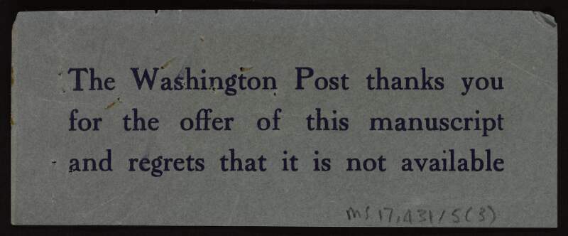 Typescript letter from Joseph McGarrity to the editor of The Washington Post regarding the newspaper's article entitled "British Knight's work for Germany" about Roger Casement, with enclosed reply,