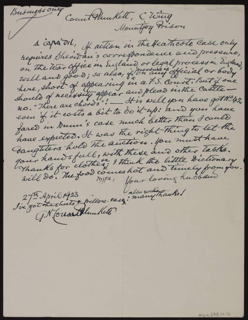 Letter to Mary Josephine Plunkett, Countess Plunkett, from George Noble Plunkett, Count Plunkett, regarding court cases and legal matters,
