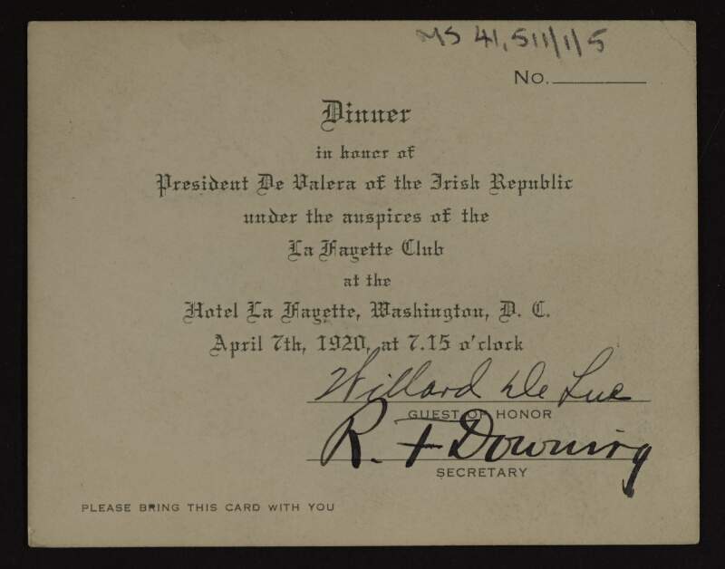 Invitation from the Lafayette Club to an unnamed recipient to a dinner in honour of President Éamon De Valera in Washington D.C.,