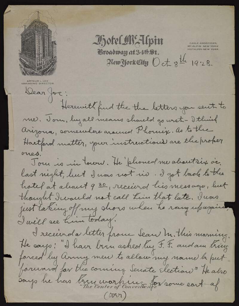 Letter from John T. Ryan to Joseph McGarrity regarding a visit by Tom [unknown], Ernie O'Malley and Frank Aiken, and the I.R.A.'s need for support,