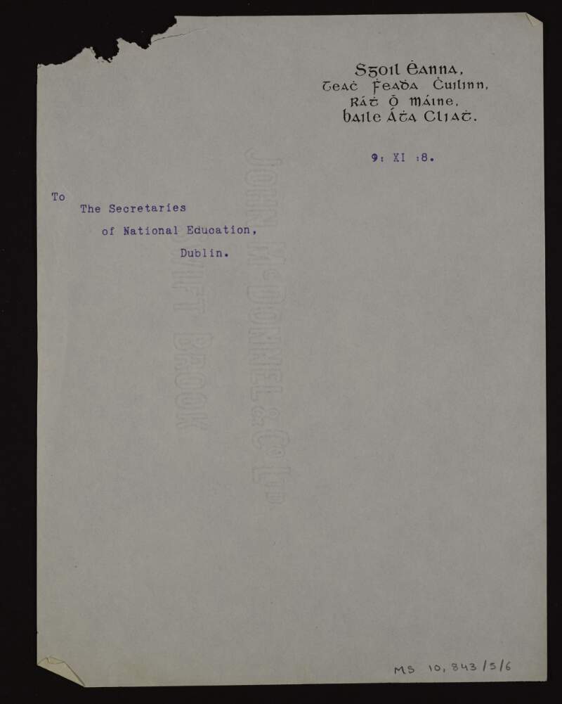 Blank letter from Thomas MacDonagh to the Secretaries of the National Education, Dublin,