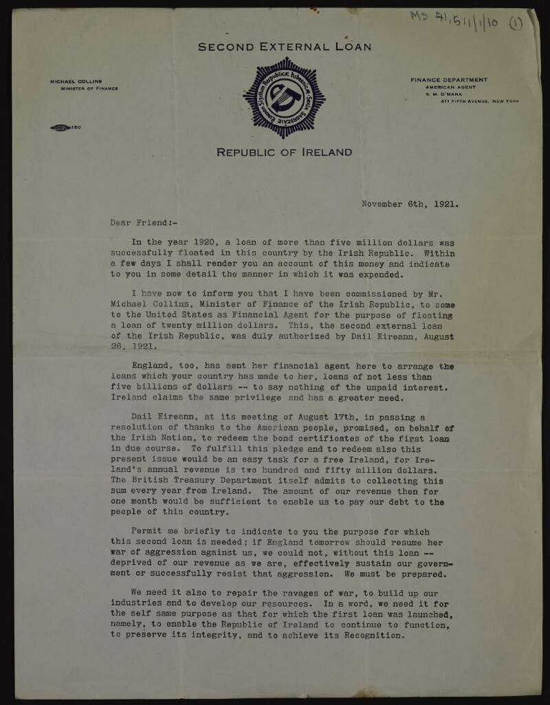 Letter to unnamed recipient from S.M. O'Meara on behalf of Michael Collins seeking support in the United States for a loan to Ireland, with a note [to Kathleen O'Brennan],
