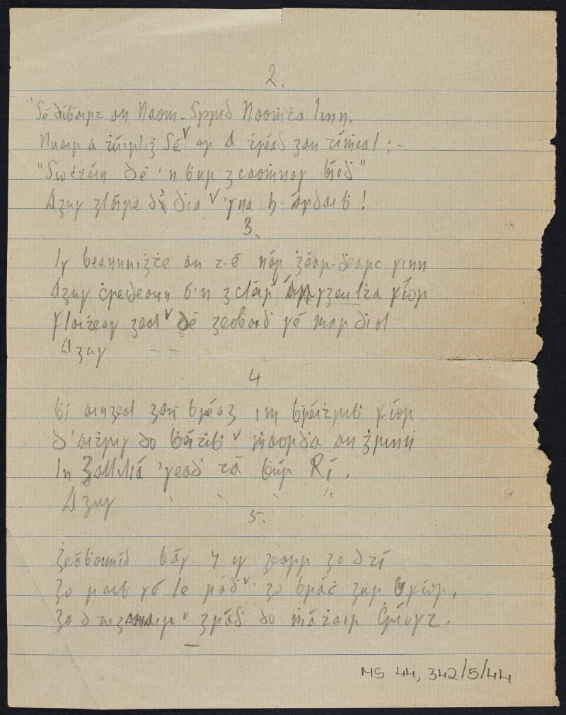 Draft of poem written in Irish that speaks of the "Naomh Sprid" [Holy Spirit], written by Thomas MacDonagh,