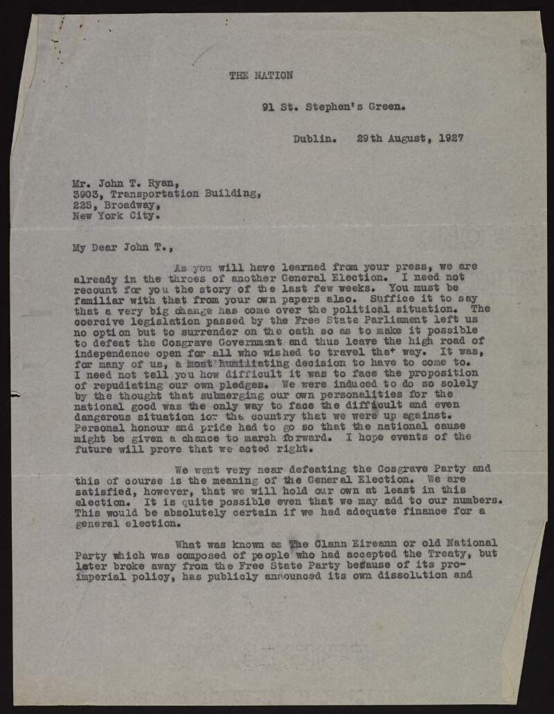 Letter from Seán T. Ó Ceallaigh to John T. Ryan regarding the general election and the "Cosgrave Party",