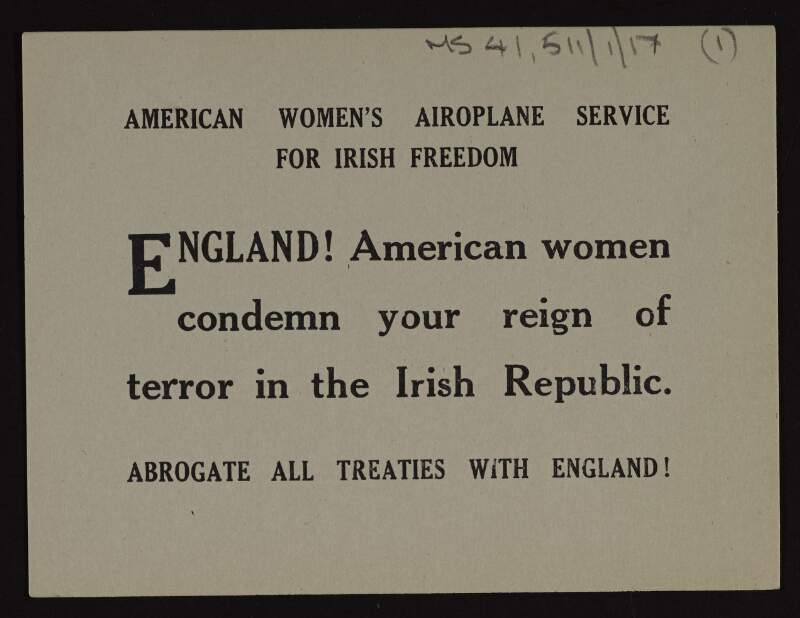 Circular from the American Women's Airoplane Service for Irish freedom claiming that American women condemn England's rule of Ireland,