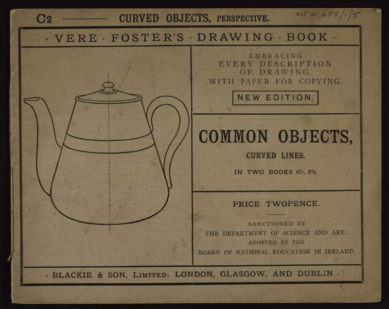 School copybook of Vere Foster's drawing book for 'Common Objects, Curved Lines' by Rónán Ceannt,