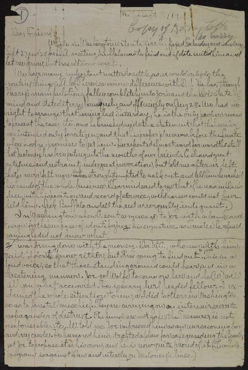 Copy of a letter written by John Devoy to unidentified recipient regarding Clan-na-Gael activities in Washington,