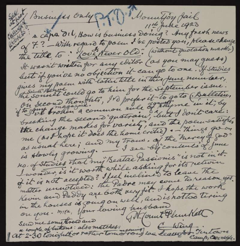 Letter to Mary Josephine Plunkett, Countess Plunkett, from George Noble Plunkett, Count Plunkett, regarding the submission of his poetry to different publications and his literary work in prison,