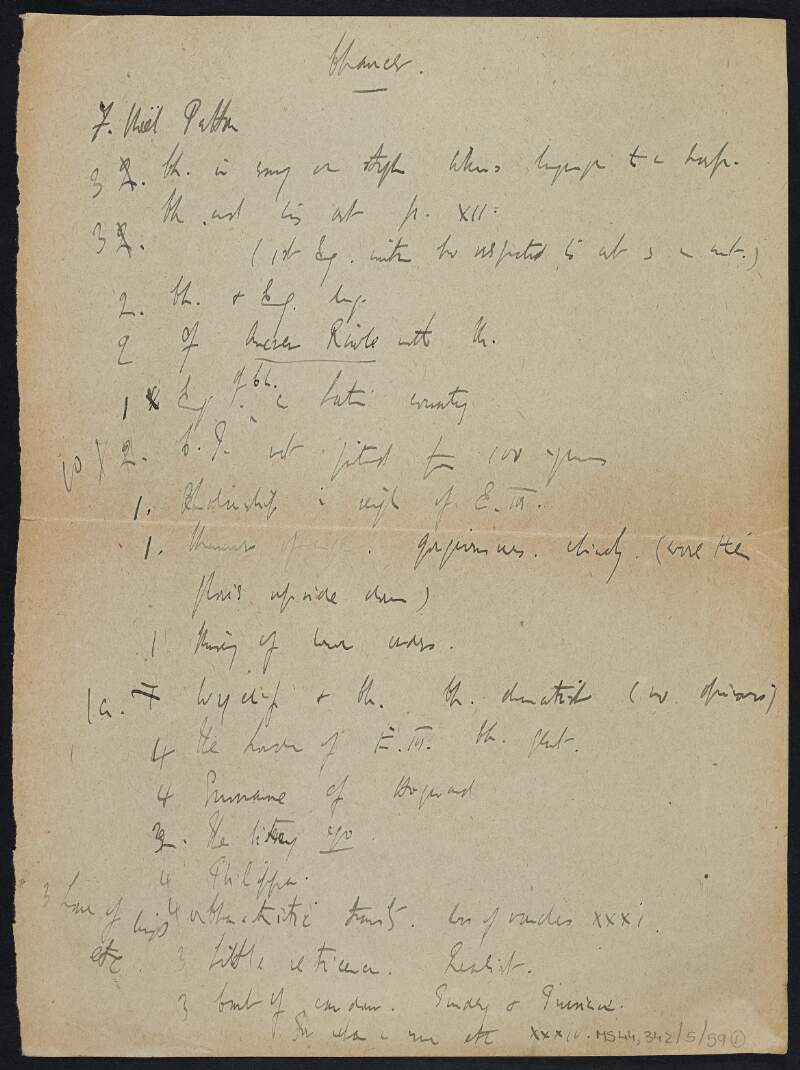 List of notes, headed 'Chaucer', containing subjects and ideas on poetry and literature, written by Thomas MacDonagh,