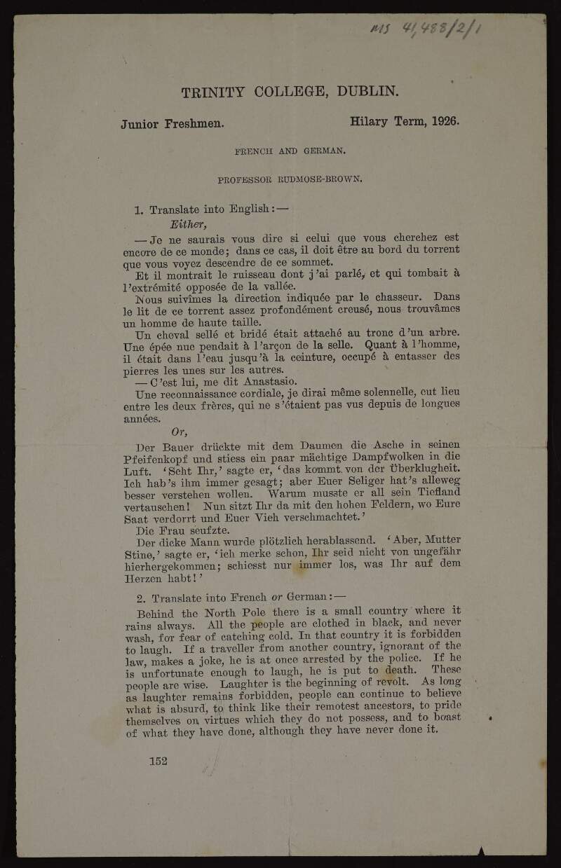 Examination paper for Rónán Ceannt from Trinity College Dublin in Junior Freshmen French and German,