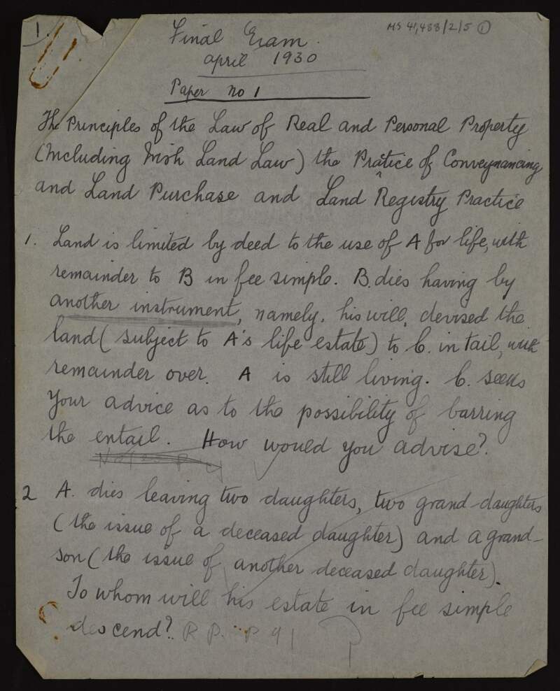 Typescript copies of Examination papers and manuscript responses in Common Law during Rónán Ceannt's time as a student of the Incorporated Law Society of Ireland,