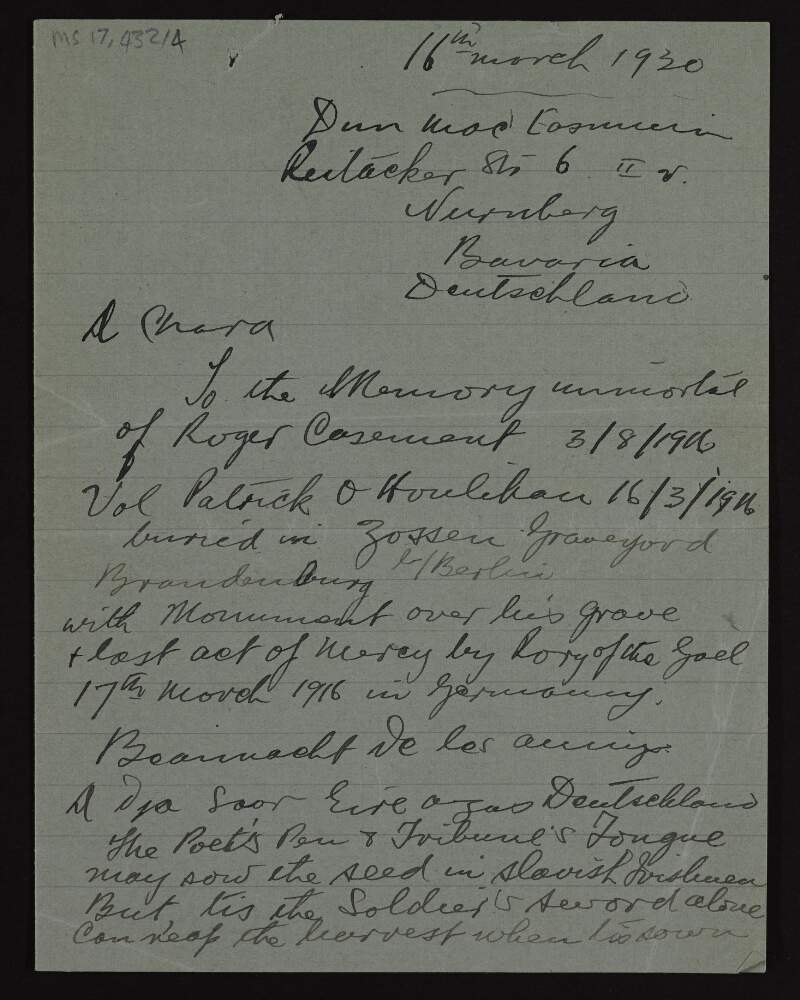 Letter from "M. Boyle Kehoe" to unidentified recipient asking for help to work in the USA,