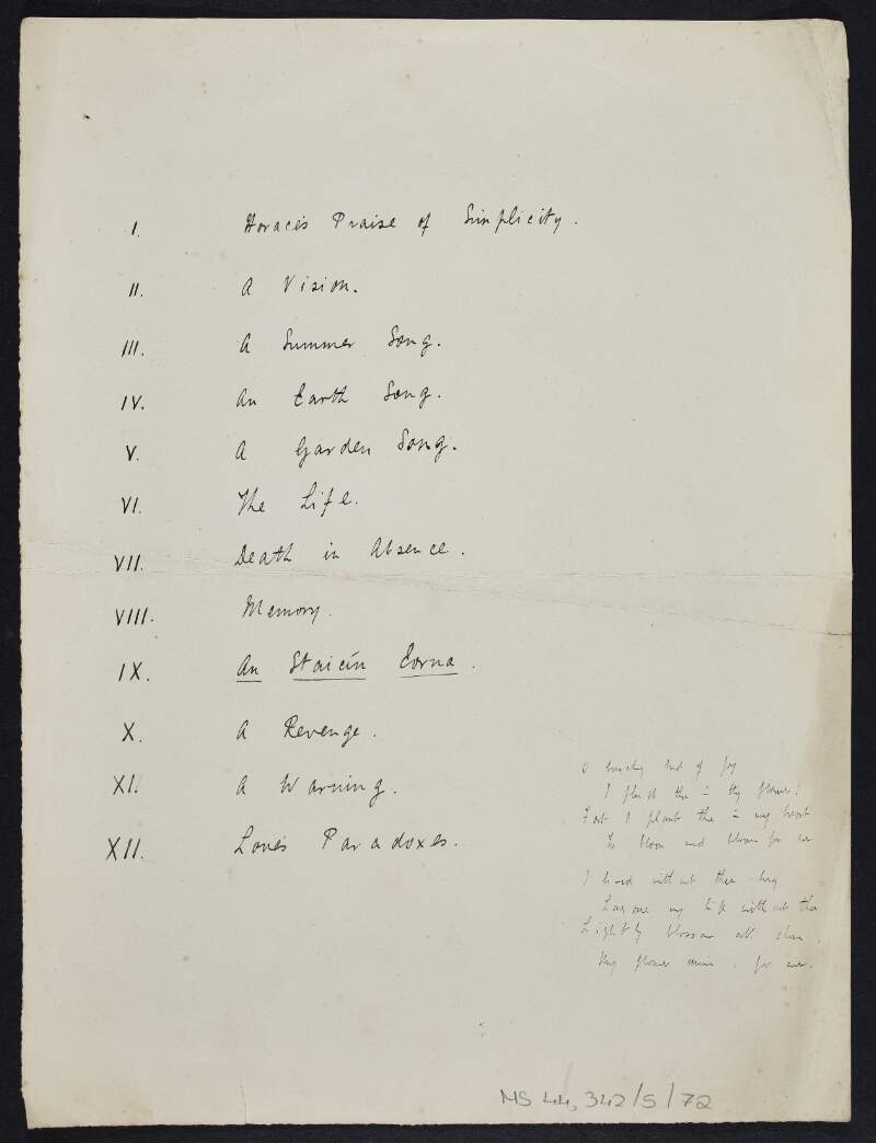 List of poems, including 'A Vision' and 'Love's Paradoxes', including a 2 stanza untitled poem and an additional untitled poem on verso, written by Thomas MacDonagh,