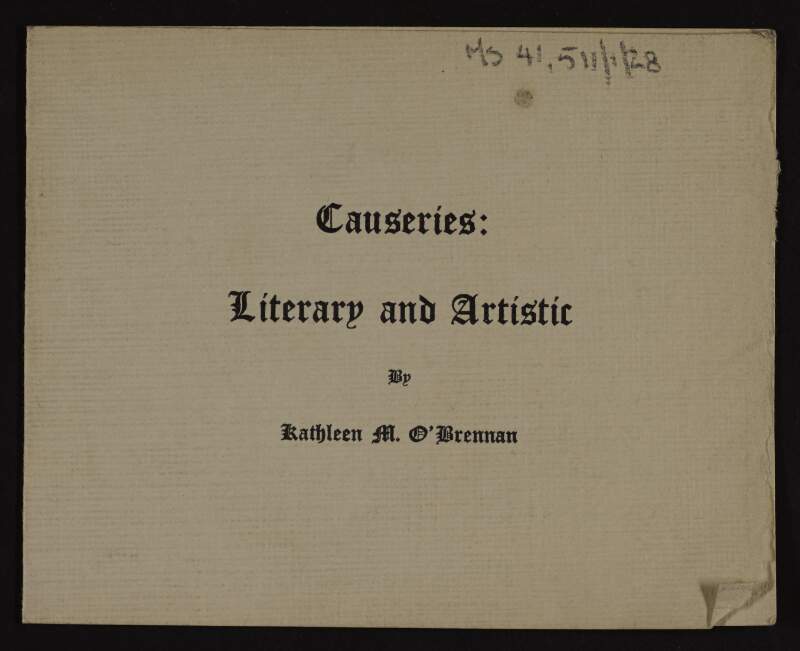 Circular listing a series of lectures with Irish themes, by Kathleen O'Brennan, intended for delivery in the United States,