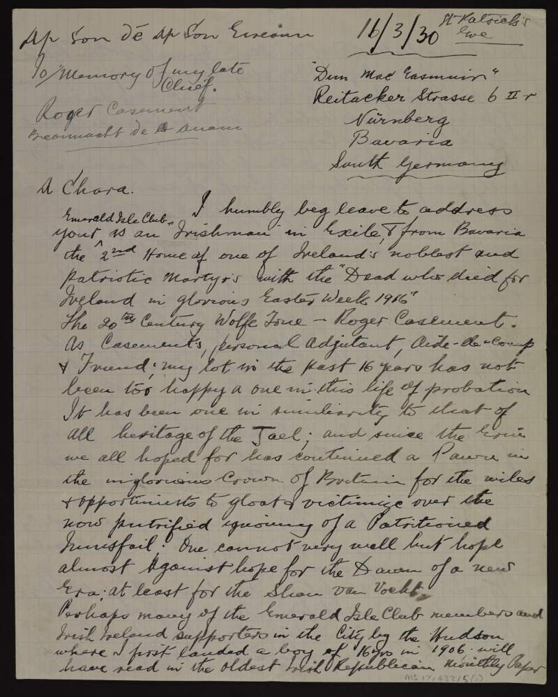 Letter from "M. Boyle Kehoe" to unidentified recipient promoting his (unpublished) book and hoping to be offered a passage to the USA,