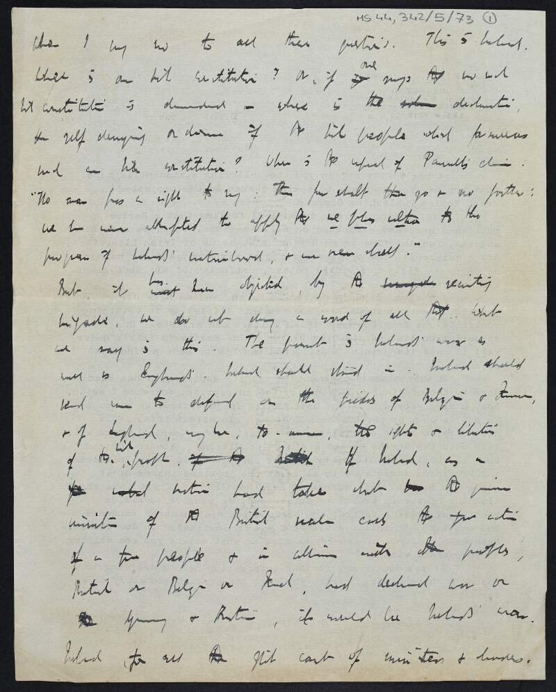 Partial draft essay regarding England, Belgium, Germany, Ireland and France, and also mentions a declaration, handwritten by Thomas MacDonagh on the verso of three copies of a typescript letter from the Irish Review selling shares of £1 in order for the recipient to be included in the ownership the Irish Review,