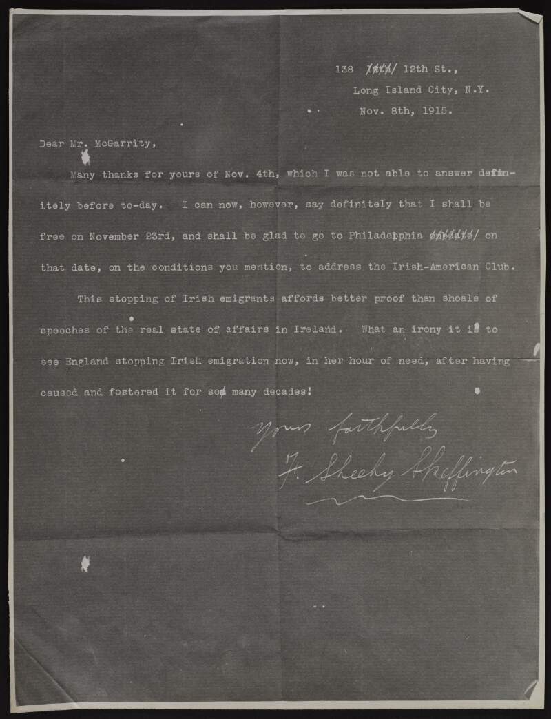 Photostat of a letter from Francis Sheehy-Skeffington to Joseph McGarrity confirming that he will address the Irish-American Club in Phildelphia,