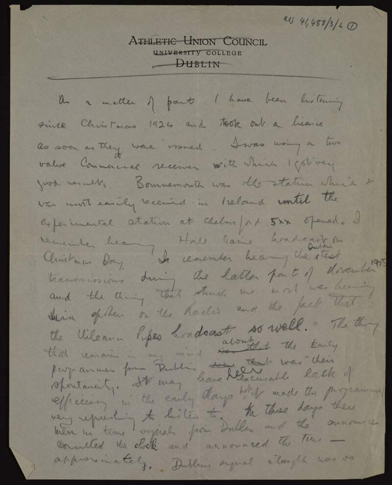 Manuscript draft of essay by Rónán Ceannt related to the popularity of the first radio broadcasts in Ireland,