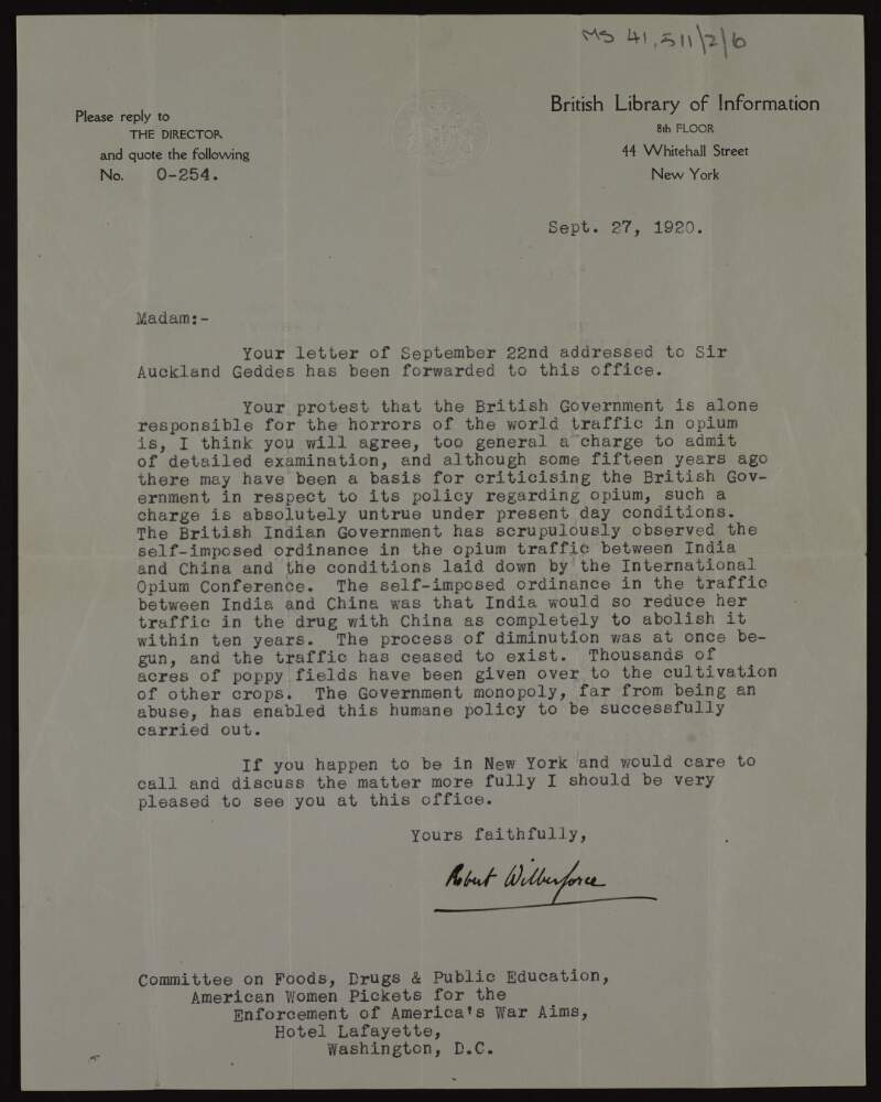 Letter to Mrs E.L. Roddy from Robert Wilberforce replying to Mrs Roddy's letter about British responsibility for the opium trade,