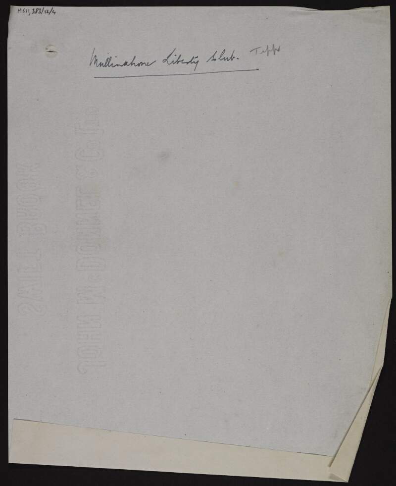 Sheet of paper with "Mullinahone Liberty Club" written on it,