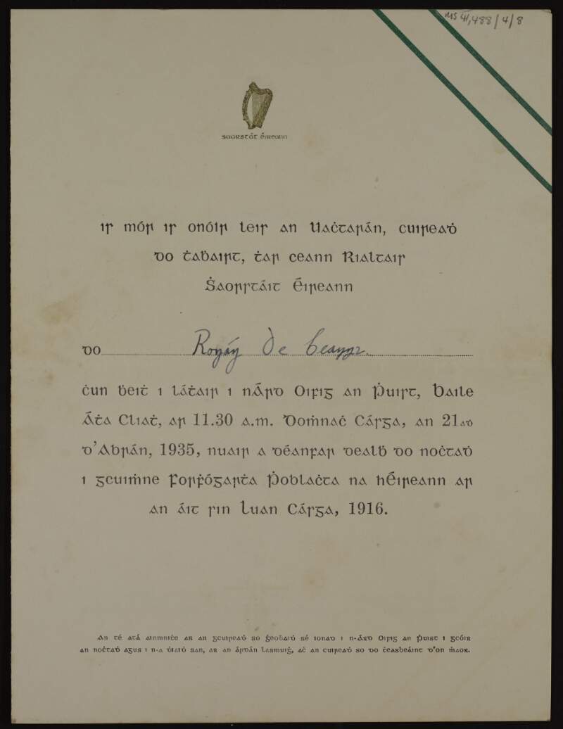 Invitation from the President on behalf of the Government fo the Irish Free State to Rónán Ceannt to the unveiling of a memorial commemorating the signing of the proclomation of the Republic of Ireland,