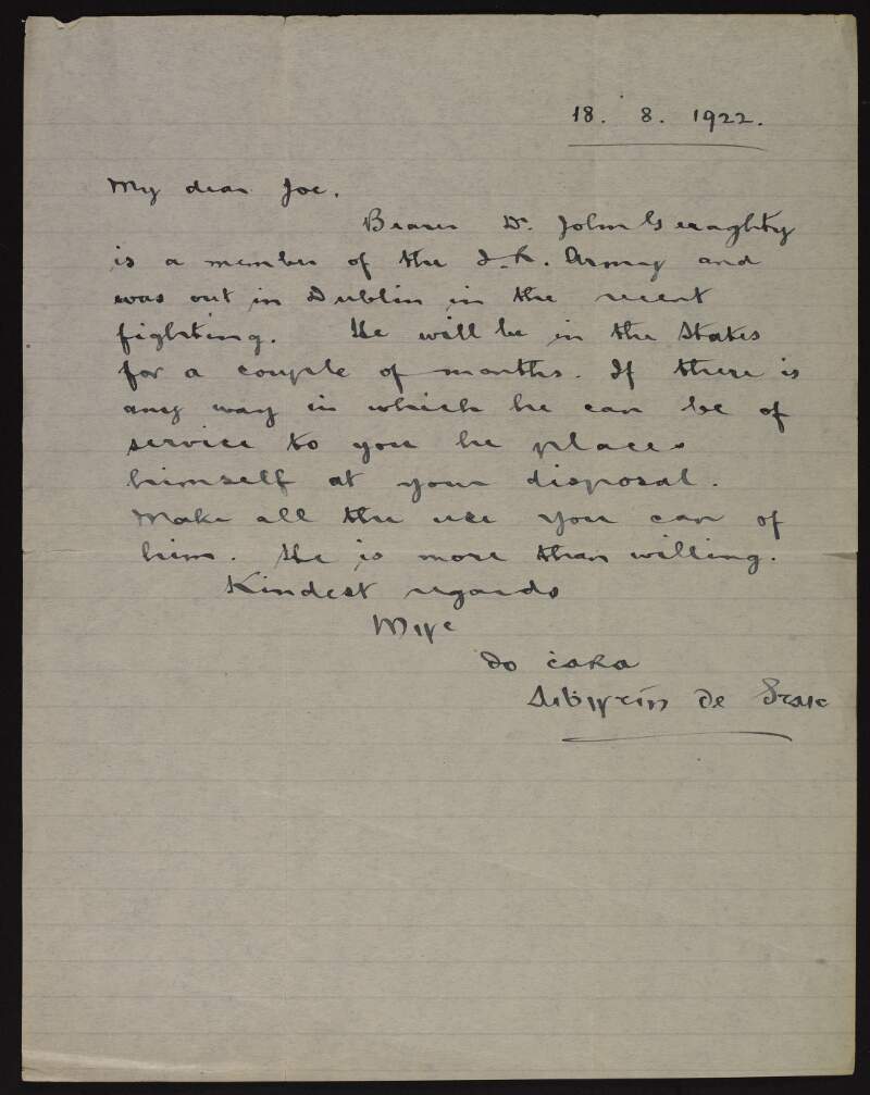Letter from Austin Stack to Joseph McGarrity introducing John Geraghty as a member of the Irish Republican Army who is travelling to the U.S.,