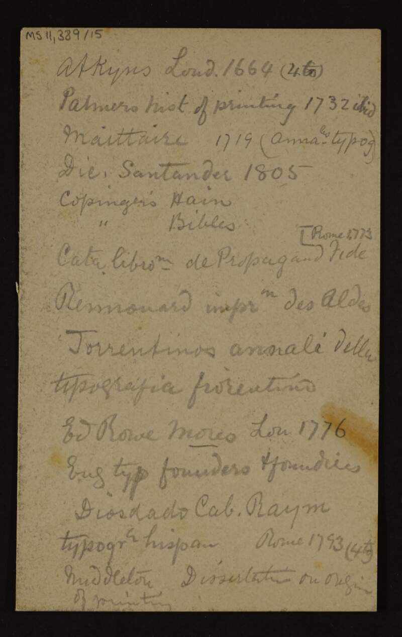 Note by George Noble Plunkett, Count Plunkett, listing the names of books, their authors and their year of publication,