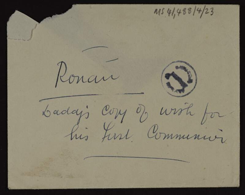 Envelope inscribed with 'Rónán, Daddy's copy of wish for his First Communion',