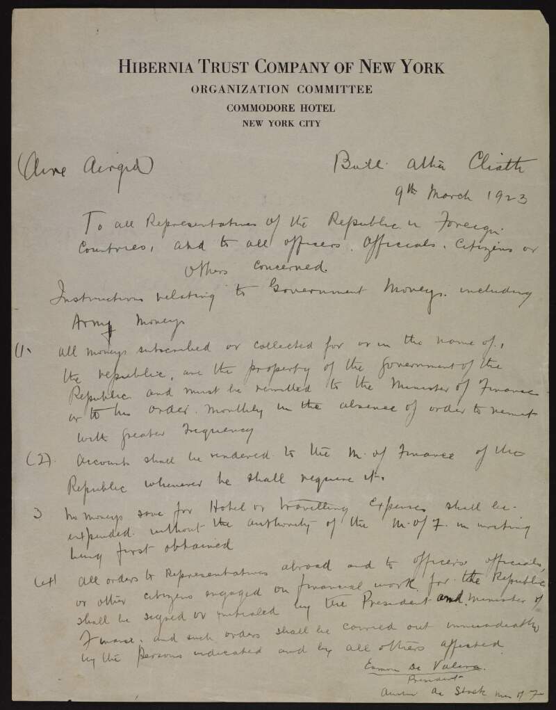 Draft instructions to "Representatives of the Republic in Foreign Countries" on the correct proceedures for the collecting and donating of money to the Irish Government,